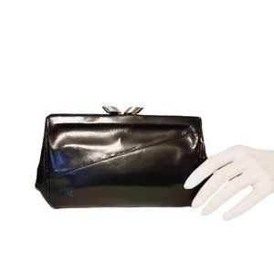 1930s Black Leather Vintage Clutch Handbag With An Art Deco Clasp And Back Strap